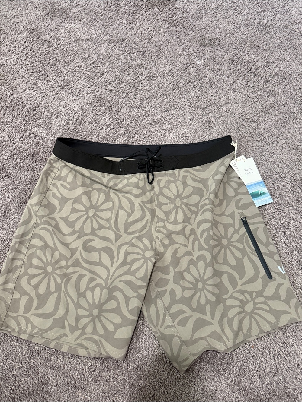 Vuori Men's Rob Machado Board Shorts in Taupe and Black Waistband